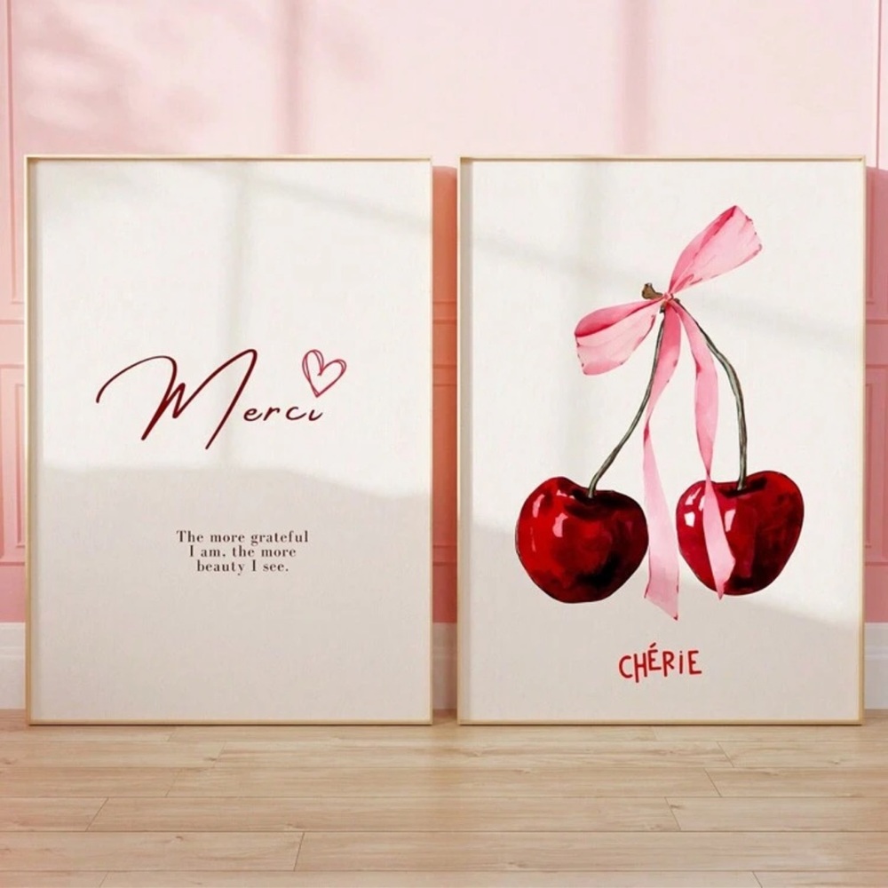 2pcs/Set Cherry Wall Art, Coquette Pink Bow Fashion Vintage Print Female Poster,
